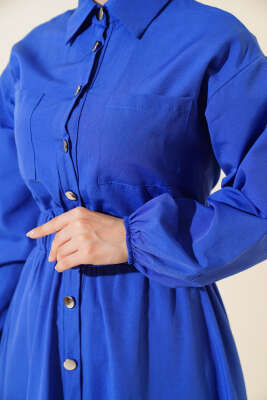 Metal Düğmeli Elbise Saks - Tesettür Elbise