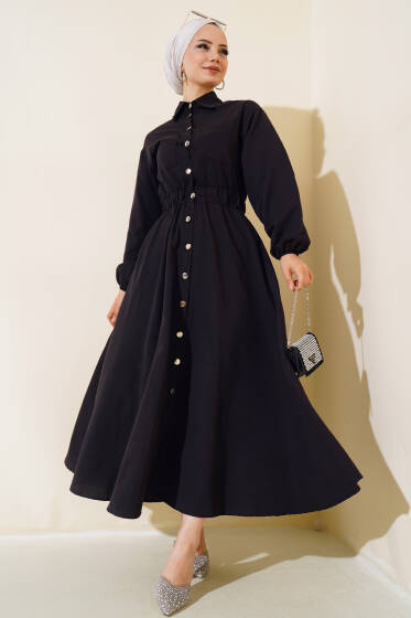 Metal Düğmeli Elbise Siyah - Elbise