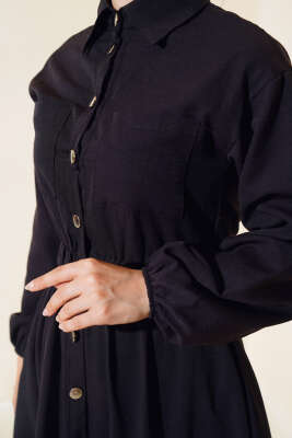 Metal Düğmeli Elbise Siyah - Tesettür Elbise