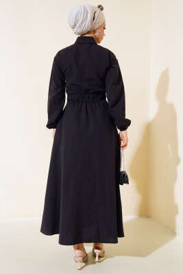 Metal Düğmeli Elbise Siyah - Tesettür Elbise