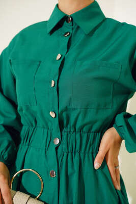 Metal Düğmeli Elbise Yeşil - Tesettür Elbise