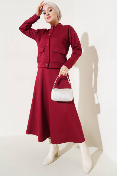 Metal Düğmeli Etekli Scuba İkili Takım Bordo - İkili Takım
