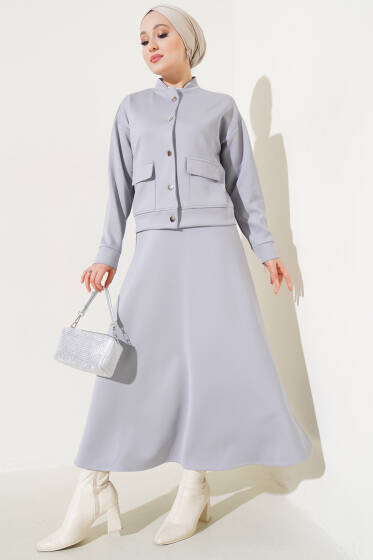 Metal Düğmeli Etekli Scuba İkili Takım Gri - İkili Takım
