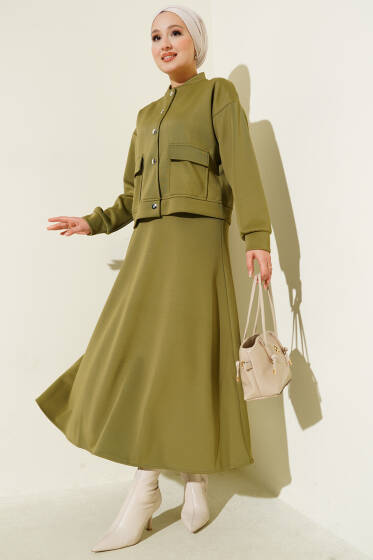 Metal Düğmeli Etekli Scuba İkili Takım Haki - İkili Takım