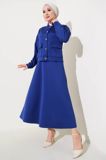 Metal Düğmeli Etekli Scuba İkili Takım Lacivert - İkili Takım