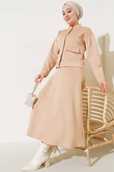 Metal Düğmeli Etekli Scuba İkili Takım Latte - İkili Takım