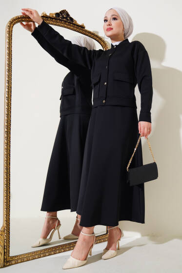 Metal Düğmeli Etekli Scuba İkili Takım Siyah - İkili Takım