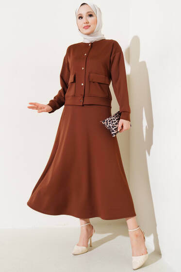 Metal Düğmeli Etekli Scuba İkili Takım Taba - İkili Takım