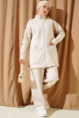 Metal Düğmeli Fermuarlı Scuba İkili Takım Bej - NESSİA