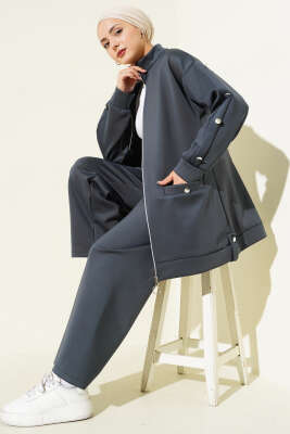 Metal Düğmeli Fermuarlı Scuba İkili Takım Füme - NESSİA