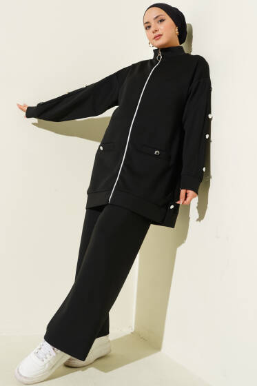 Metal Düğmeli Fermuarlı Scuba İkili Takım Siyah - Scuba Ürünler