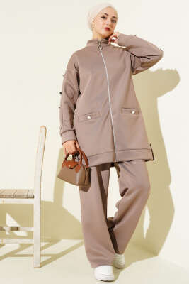 Metal Düğmeli Fermuarlı Scuba İkili Takım Vizon - Scuba Ürünler