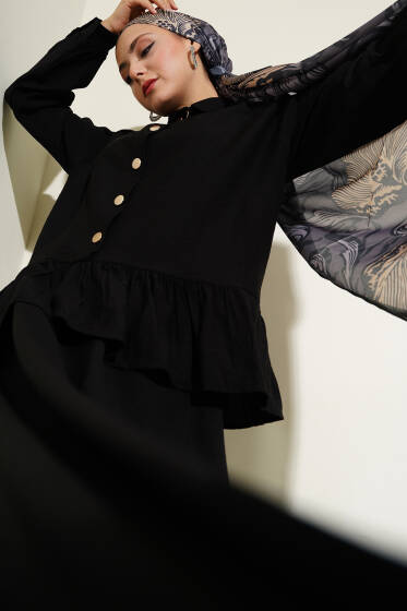 Metal Düğmeli Fırfırlı Etekli İkili Takım Siyah - İkili Takım