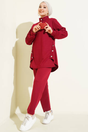 Metal Düğmeli İki İplik İkili Takım Bordo - İkili Takım