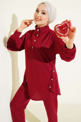 Metal Düğmeli İki İplik İkili Takım Bordo - İkili Takım