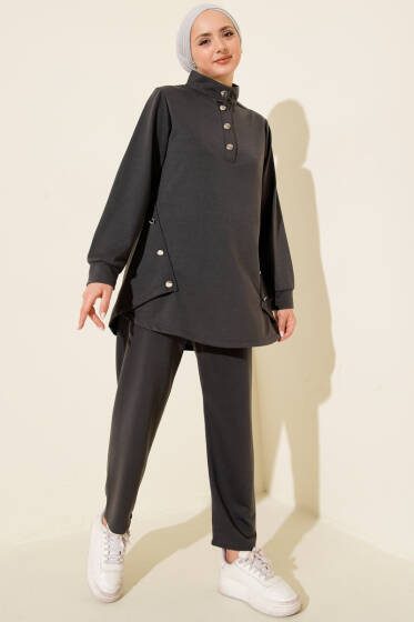 Metal Düğmeli İki İplik İkili Takım Füme - İkili Takım