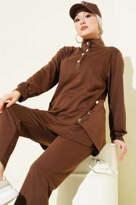 Metal Düğmeli İki İplik İkili Takım Kahve - İkili Takım