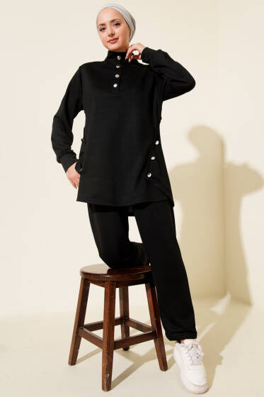 Metal Düğmeli İki İplik İkili Takım Siyah - İkili Takım