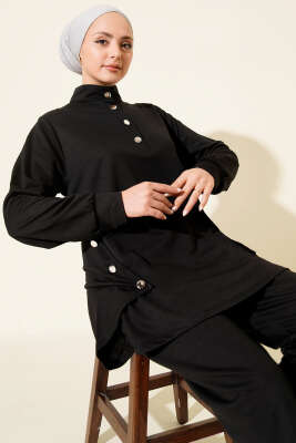 Metal Düğmeli İki İplik İkili Takım Siyah - İkili Takım