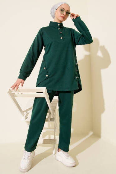 Metal Düğmeli İki İplik İkili Takım Zümrüt - İkili Takım