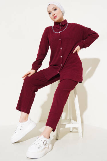 Metal Düğmeli İnce Fitilli İkili Takım Bordo - İkili Takım