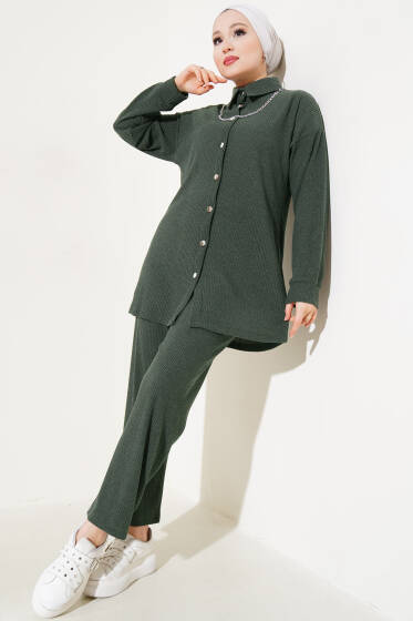 Metal Düğmeli İnce Fitilli İkili Takım Haki - İkili Takım