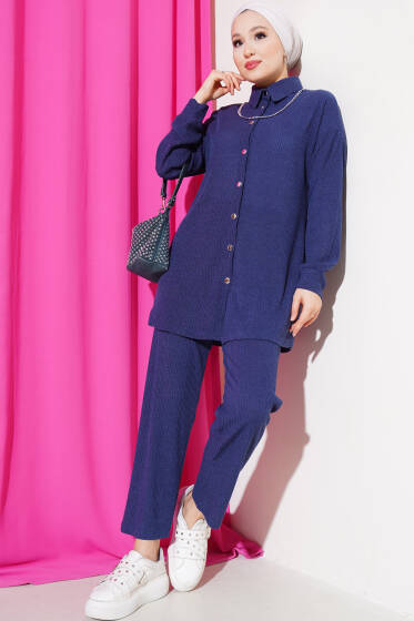 Metal Düğmeli İnce Fitilli İkili Takım İndigo - İkili Takım
