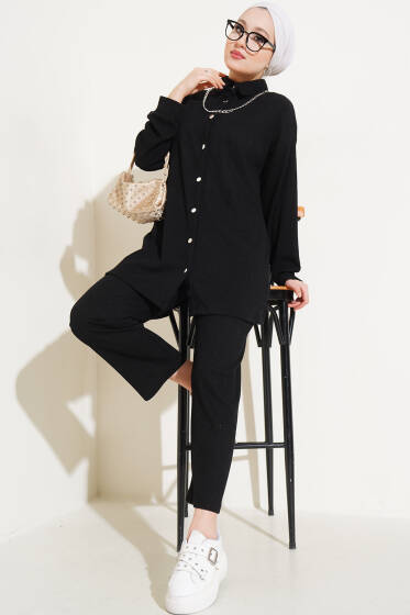 Metal Düğmeli İnce Fitilli İkili Takım Siyah - İkili Takım