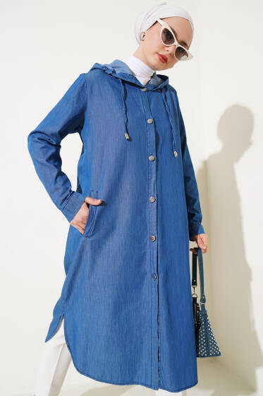 Metal Düğmeli Kapüşonlu Kot Kap Kot - Dış Giyim&Mont