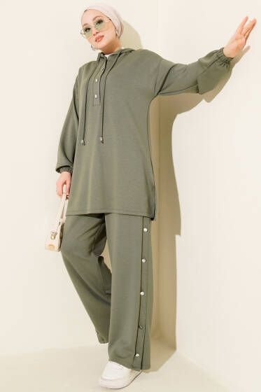 Metal Düğmeli Kapüşonlu Loyşa İkili Takım Çağla Yeşili - İkili Takım