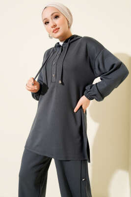 Metal Düğmeli Kapüşonlu Loyşa İkili Takım Füme - İkili Takım