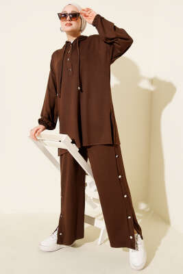 Metal Düğmeli Kapüşonlu Loyşa İkili Takım Kahve - NESSİA