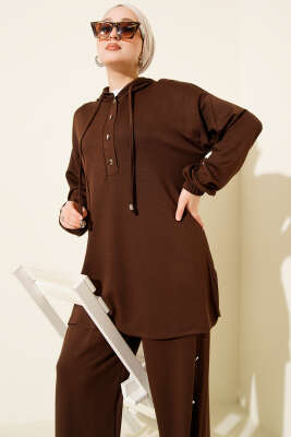 Metal Düğmeli Kapüşonlu Loyşa İkili Takım Kahve - İkili Takım