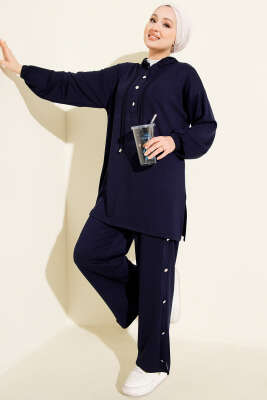 Metal Düğmeli Kapüşonlu Loyşa İkili Takım Lacivert - NESSİA