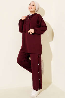 Metal Düğmeli Kapüşonlu Loyşa İkili Takım Mürdüm - NESSİA