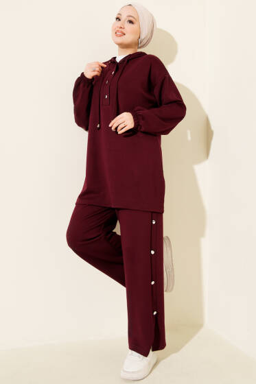 Metal Düğmeli Kapüşonlu Loyşa İkili Takım Mürdüm - İkili Takım