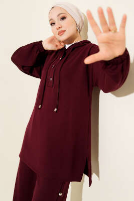 Metal Düğmeli Kapüşonlu Loyşa İkili Takım Mürdüm - İkili Takım