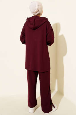 Metal Düğmeli Kapüşonlu Loyşa İkili Takım Mürdüm - İkili Takım