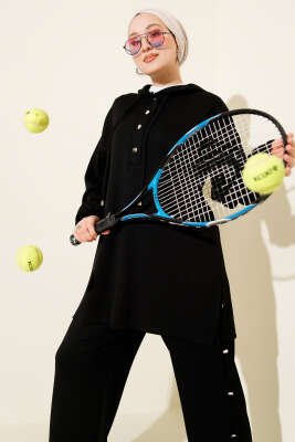 Metal Düğmeli Kapüşonlu Loyşa İkili Takım Siyah - İkili Takım