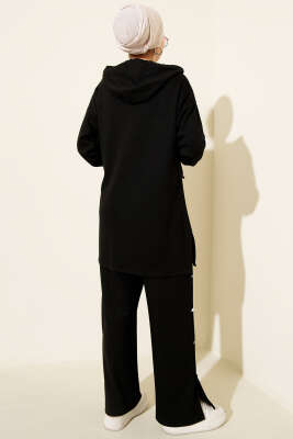 Metal Düğmeli Kapüşonlu Loyşa İkili Takım Siyah - İkili Takım