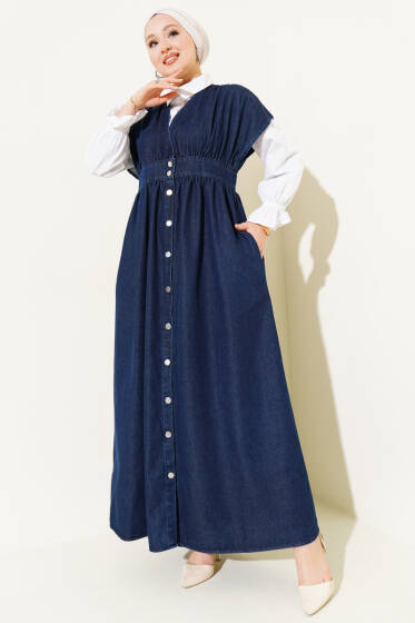 Metal Düğmeli Kolsuz Kot Elbise Lacivert - Elbise