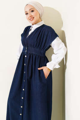 Metal Düğmeli Kolsuz Kot Elbise Lacivert - Elbise