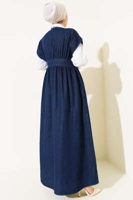 Metal Düğmeli Kolsuz Kot Elbise Lacivert - Elbise