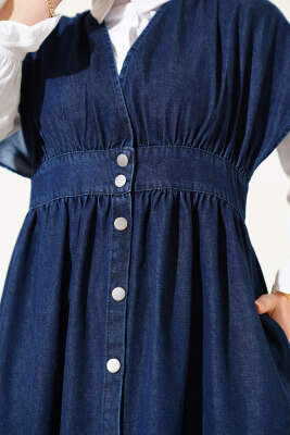 Metal Düğmeli Kolsuz Kot Elbise Lacivert - Elbise