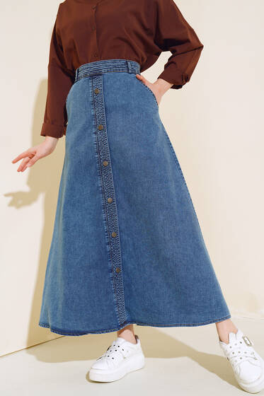 Metal Düğmeli Kot Etek Kot - Etek