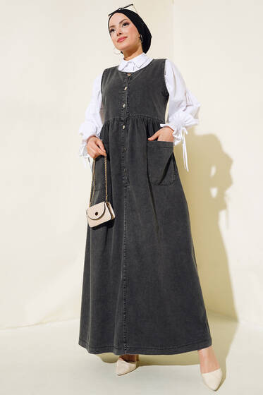 Metal Düğmeli Kot Jile Füme - Elbise