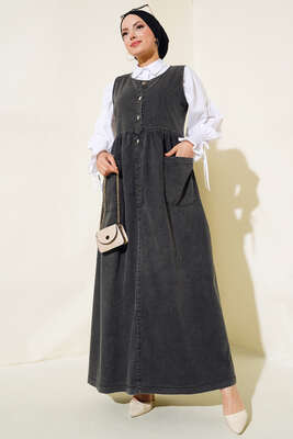 Metal Düğmeli Kot Jile Füme - Tesettür Elbise
