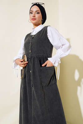 Metal Düğmeli Kot Jile Füme - Tesettür Elbise