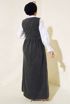 Metal Düğmeli Kot Jile Füme - Tesettür Elbise