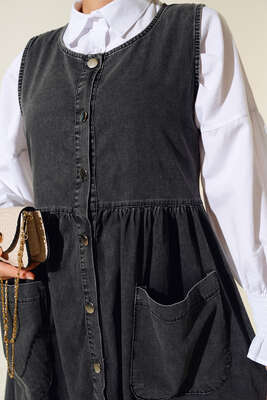 Metal Düğmeli Kot Jile Füme - Tesettür Elbise